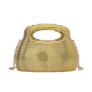Golden acrylic evening bag with horizontal ripple texture and detachable chain strap