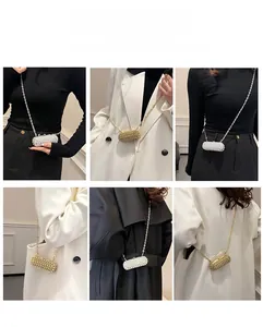 Collage of capsule rhinestone evening bag showing versatile crossbody and waist carry styles