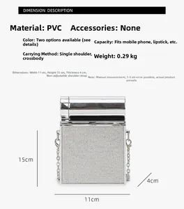 Mini silver chain crossbody bag with PVC metallic texture and dimensions 11x15x4cm
