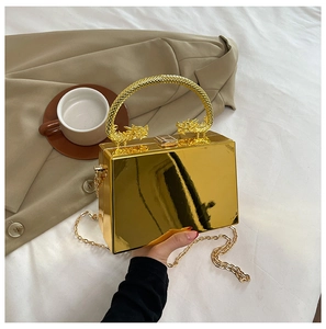 Detail of gold acrylic clutch with dragon handles and metallic chain on table