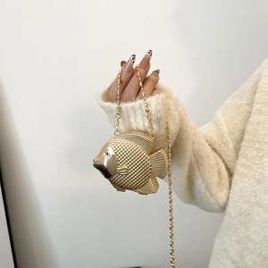 Unique gold fish-shaped mini metal handbag with beaded chain strap for women