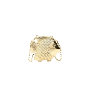 Elegant gold fish-shaped metal evening bag with detailed scales and metal ball chain