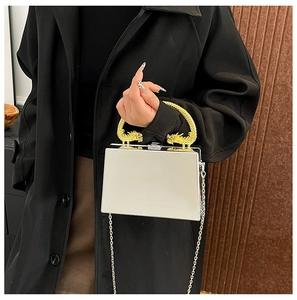 Detail of white acrylic box bag with ornate golden dragon handles and silver chain strap