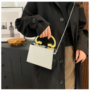Silver mirror acrylic box clutch featuring a golden twin dragon handle and metal chain
