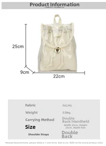 Detailed size specifications for the clear PVC backpack featuring dimensions and gold lock