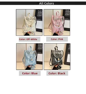 Detail view showing four colors of transparent PVC backpacks with fabric inner pouches