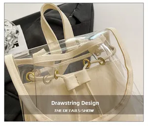Detail of transparent PVC and beige canvas backpack with drawstring closure and metal eyelets
