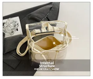 Top view of transparent PVC backpack interior with inner pocket and white wallet