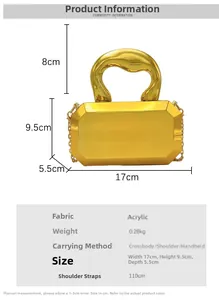 Detail view of gold acrylic box bag with gem-cut design and sizing specifications