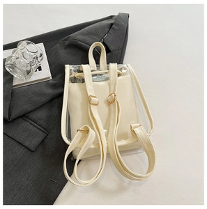 Detailed view of a transparent PVC backpack with cream inner pouch and gold hardware