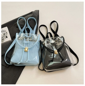 Detail of mini transparent PVC backpacks in light blue and black with gold buckles