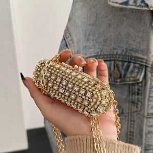 Mini Evening Bag Rhinestone Metal Capsule Shaped Lipstick Pouch With Chain Strap And Mirror For Women Party Wedding