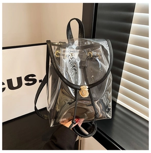 Detail of transparent PVC backpack with black leather trim and drawstring inner bag