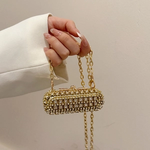 Elegant gold rhinestones evening clutch bag with gold metal chain strap for women
