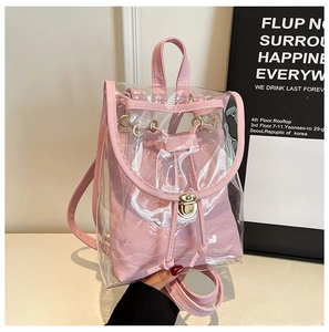 Detail of pink transparent PVC backpack with gold metal clasp and drawstring inner bag