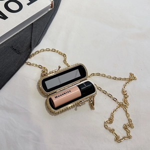 Chic gold rhinestone mini lipstick bag with chain strap and mirror for formal parties