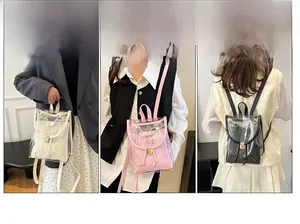 Detailed view of PVC transparent backpacks in white pink and black with inner drawstring bags