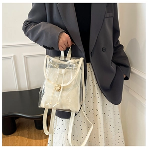 Close-up of transparent PVC backpack with gold metal twist lock and white inner pouch