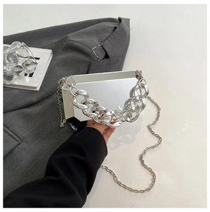 Macro detail of silver mirror acrylic box bag featuring chunky chain handle and hard shell