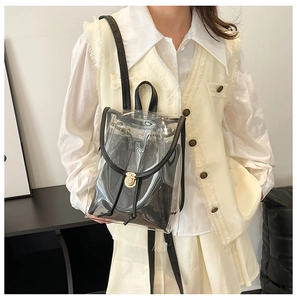 Detailed view of a transparent PVC backpack featuring black inner pouch and gold lock