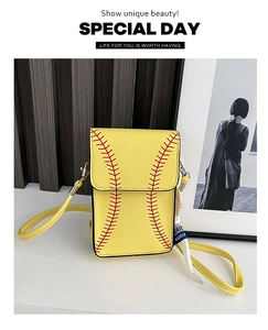 Detailed view of yellow baseball style crossbody bag with red stitching and ribbon