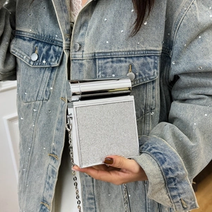 Silver square rhinestone evening bag with metal handle and chain strap on a model