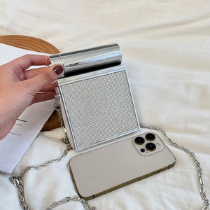 Silver rhinestone box clutch with metal cylinder handle and chain strap for women