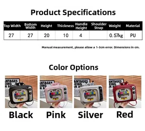 Tabella taglie borsa PU TV retrò con dimensioni e quattro colori disponibili
