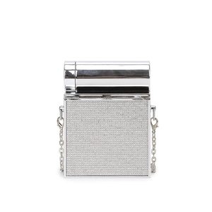 Silver lighter-shaped mini bag with sparkling rhinestones and metal chain strap
