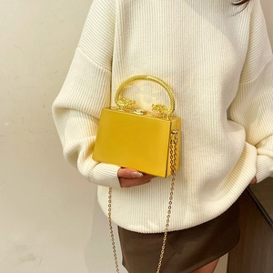 Yellow acrylic evening clutch bag with golden dragon handles and crossbody metal chain