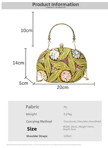 Detailed size specifications for sequined evening bag with metal handle and chain strap