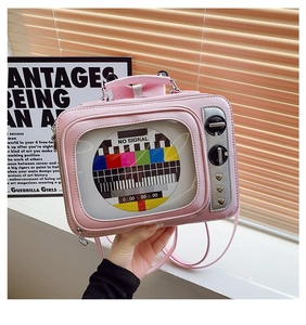 Borsa a tracolla retrò TV rosa con finestra trasparente e motivo a segnale nostalgico