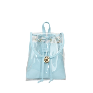 Transparent PVC backpack with light blue inner pouch and golden twist lock for women