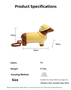 Size chart for dachshund shoulder bag showing 34cm length and yellow PU leather details