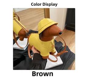 Detail of dog-shaped shoulder bag in brown faux leather with yellow raincoat and hat