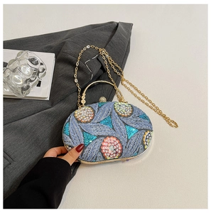 Detailed close-up of 3D floral embroidery and sequin textures on a blue evening bag