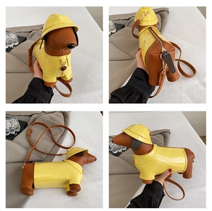 Detailed views of dachshund-shaped brown leather shoulder bag with yellow raincoat outfit