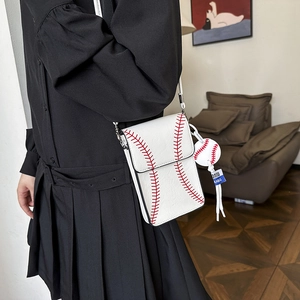 Baseball Theme Crossbody Phone Bag PU Leather Sporty Red Stitching Small Square Shoulder Purse With Charm For Women Girls