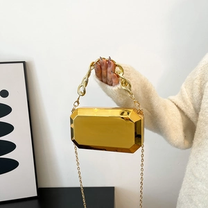 Chic gold acrylic evening box bag with mirror finish and thick chain top handle
