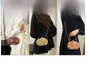 Three-way view of sequin clutch bag used as handbag, shoulder bag, and crossbody bag