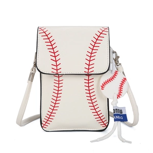 Vertical white crossbody phone bag with baseball stitching details and round charm