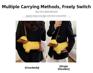 Multiple ways to wear the dachshund-shaped PU leather crossbody bag in yellow and brown