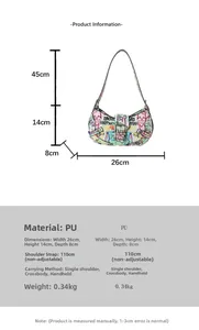 Detailed product size guide for the colorful graffiti PU leather shoulder bag
