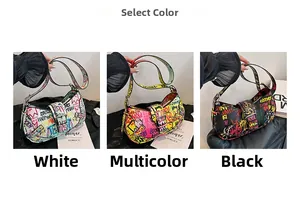 Detailed comparison of white, colorful, and black graffiti patterns on underarm bags