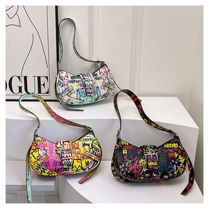 Detailed comparison of colorful graffiti hobo bags with metal buckles and shoulder straps