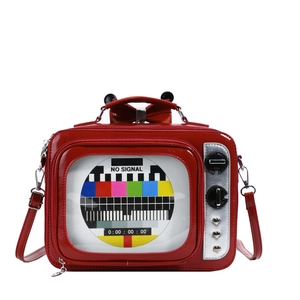 Borsa a mano vintage rossa a forma di TV con motivo No Signal e finitura lucida