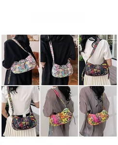 Detailed back view of models wearing vibrant graffiti print shoulder bags in multiple colors