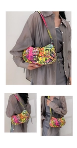 Detailed views of graffiti print shoulder bag featuring bold letters and Y2K pop art style