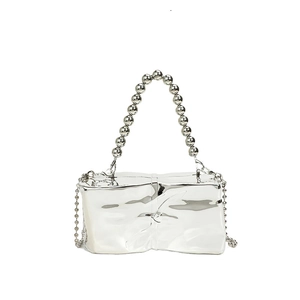 Silver mirror crossbody bag with wrinkled leather texture and metallic bead handle