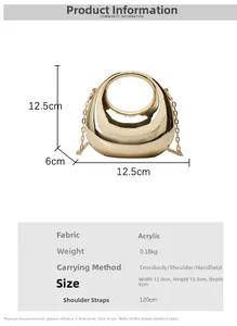 Detailed size chart and dimensions of the acrylic mirror gold dumpling mini bag